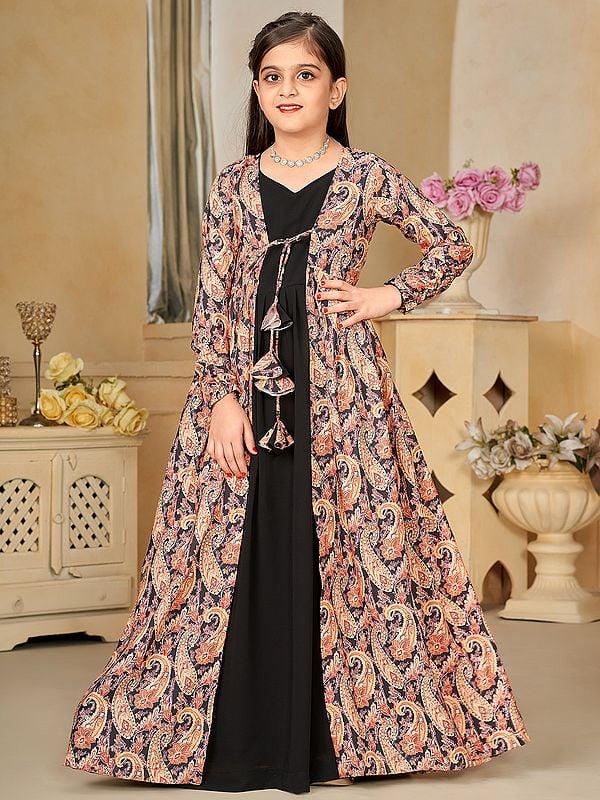 exotic india Black Faux Georgette Digital Print Full Round Flair 2 Piece Shrug Set Indo-Western Suit For Kids 