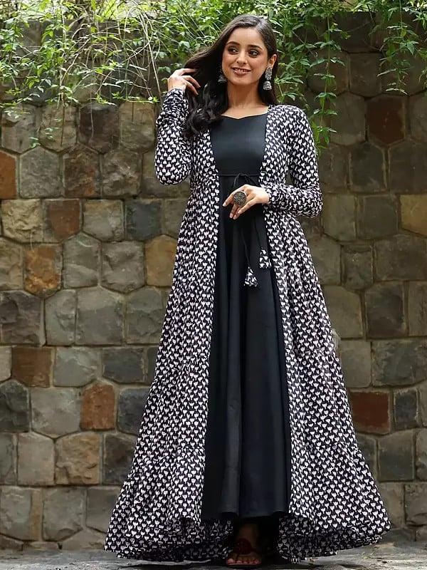 Exotic India Black Faux Georgette Gown With Muslin Shrug With Round Flair