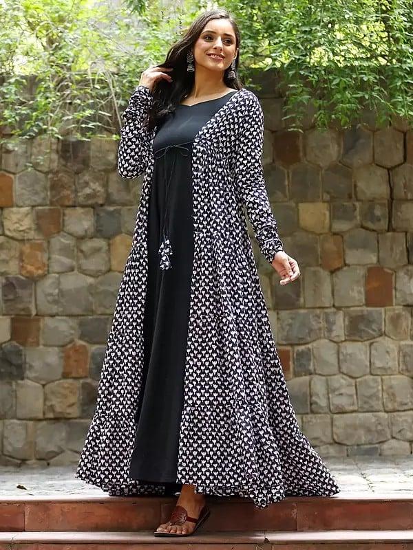 Exotic India Black Faux Georgette Gown With Muslin Shrug With Round Flair