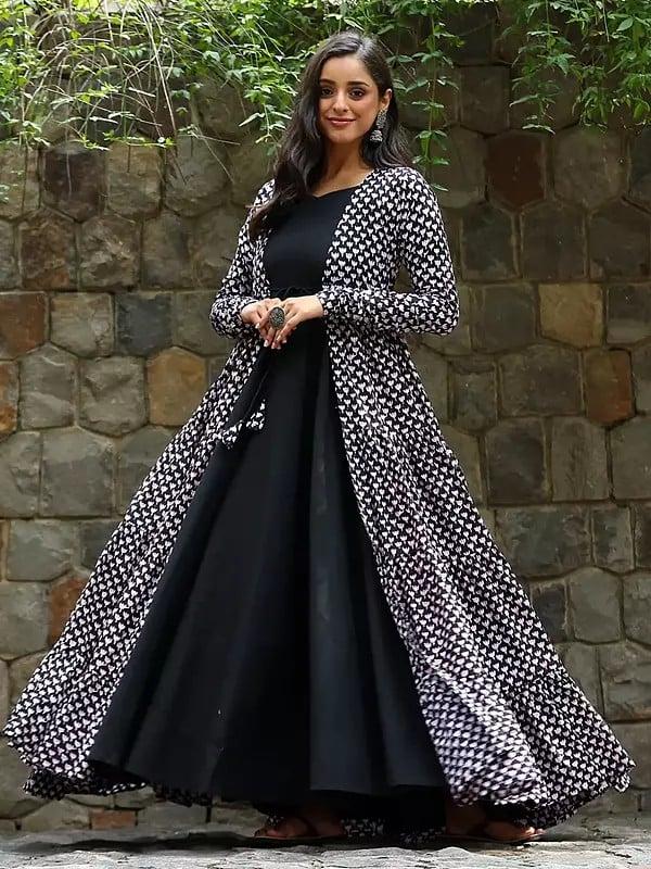 Exotic India Black Faux Georgette Gown With Muslin Shrug With Round Flair