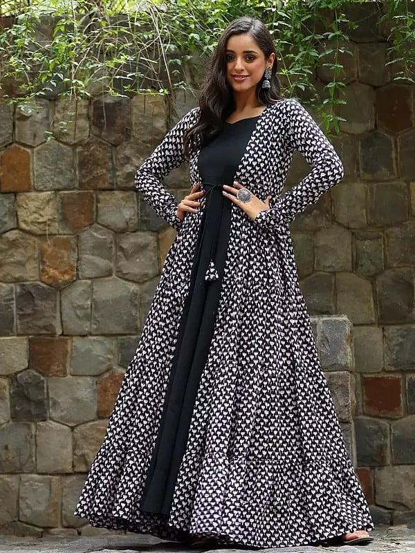 exotic india Black Faux Georgette Gown with Muslin Shrug with Round Flair