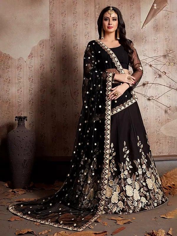 Exotic India Black Floral Embroidery Work Embellished Party Wear Crepe Lehenga Choli With Matching Dupatta 