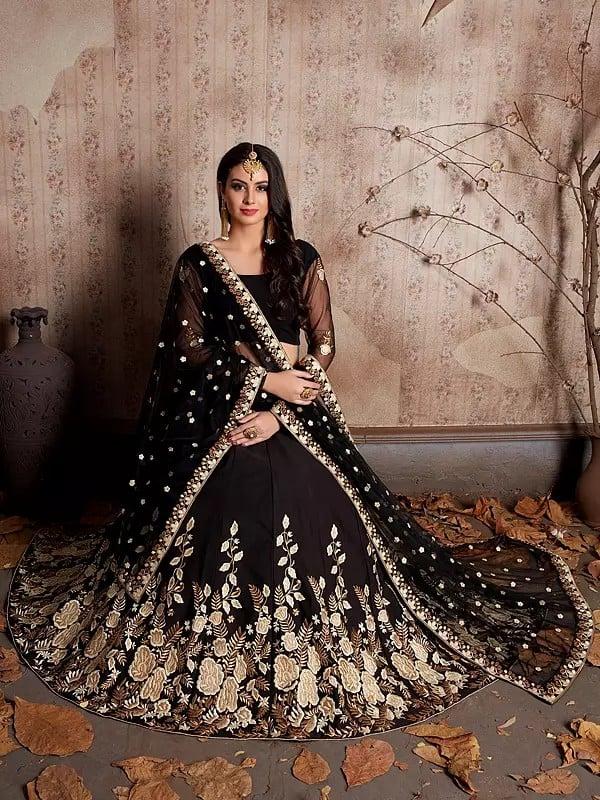 Exotic India Black Floral Embroidery Work Embellished Party Wear Crepe Lehenga Choli With Matching Dupatta 