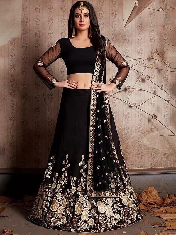 exotic india Black Floral Embroidery Work Embellished Party Wear Crepe Lehenga Choli With Matching Dupatta 