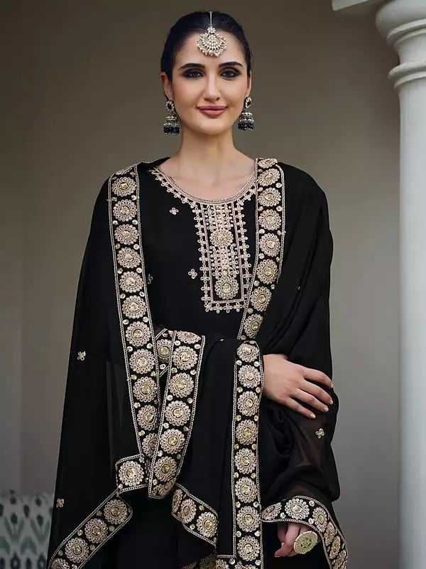 Exotic India Black Georgette Embroidery Work Attractive Straight Festive Wear Kurta With Palazzo And Matching Dupatta 