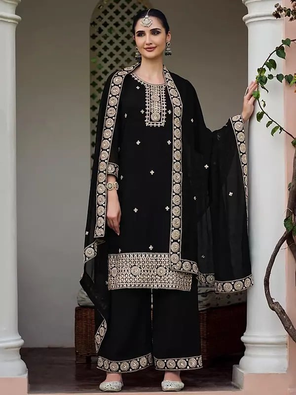 exotic india Black Georgette Embroidery Work Attractive Straight Festive Wear Kurta With Palazzo And Matching Dupatta 