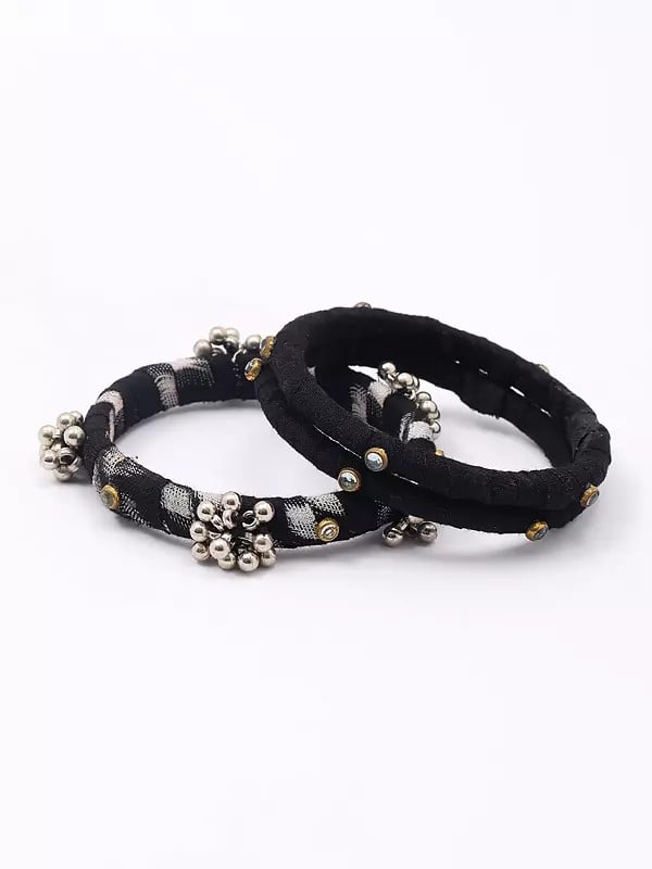 Exotic India Black Handloom Sambalpuri Fabric Ghungroo Bangles (Set Of 3)