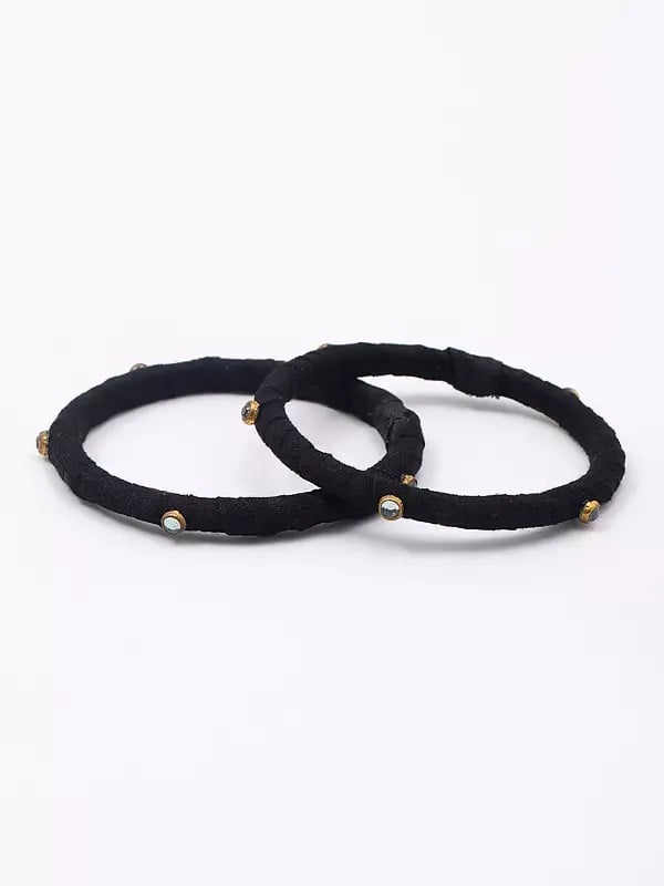 Exotic India Black Handloom Sambalpuri Fabric Ghungroo Bangles (Set Of 3)
