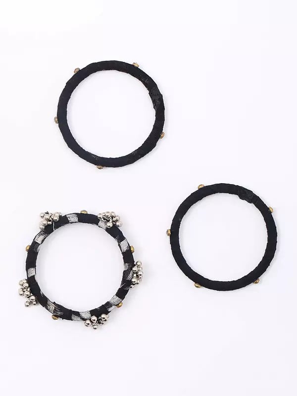 Exotic India Black Handloom Sambalpuri Fabric Ghungroo Bangles (Set Of 3)