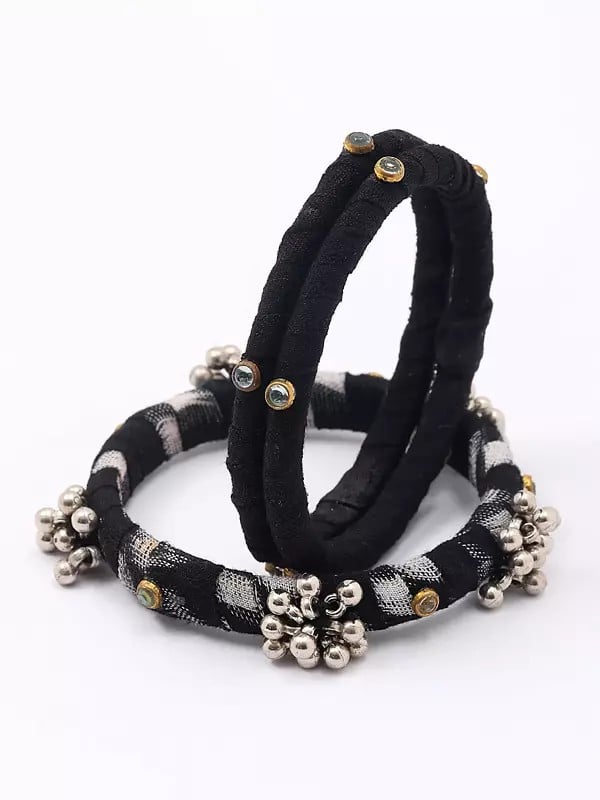 exotic india Black Handloom Sambalpuri Fabric Ghungroo Bangles (Set of 3) 
