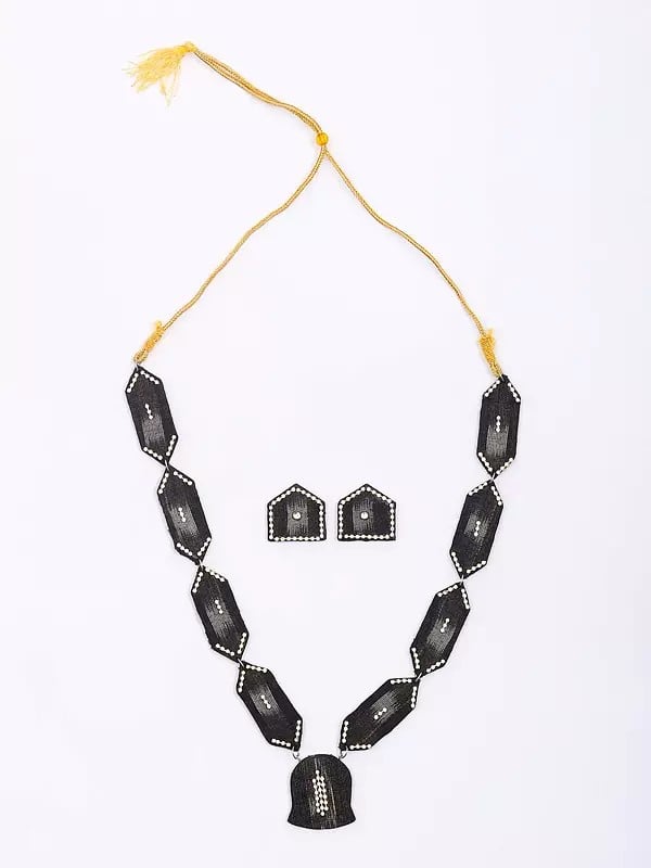 Exotic India Black Handloom Sambalpuri Fabric Necklace Set With Earrings 