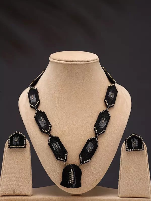 exotic india Black Handloom Sambalpuri Fabric Necklace Set with Earrings 