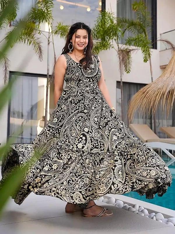 Exotic India Black Heavy Rayon Paisley Motifs Print Festive Wear Long Gown 