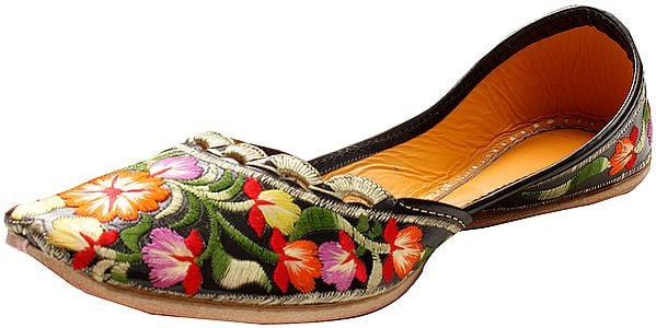 Exotic India Black Jootis With Phulkari Floral Embroidery 