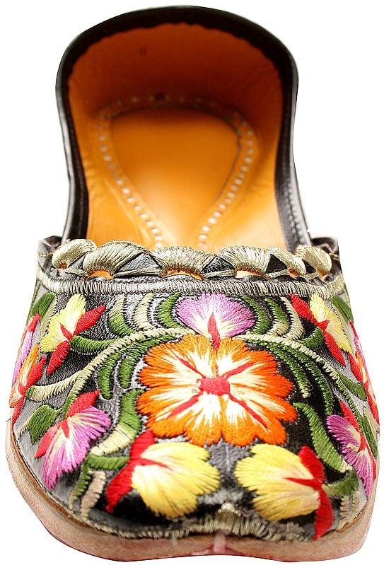 Exotic India Black Jootis With Phulkari Floral Embroidery 