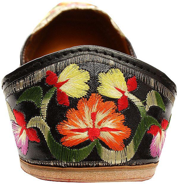 Exotic India Black Jootis With Phulkari Floral Embroidery 