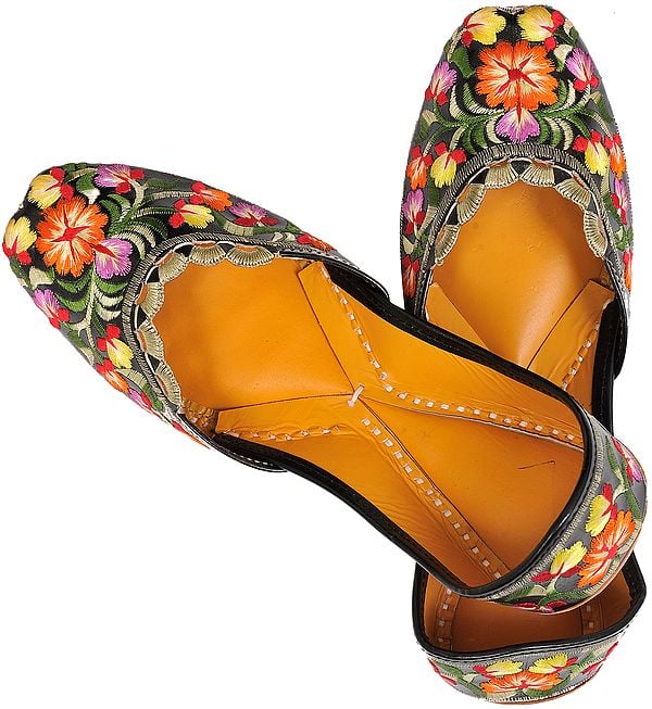 exotic india Black Jootis with Phulkari Floral Embroidery
