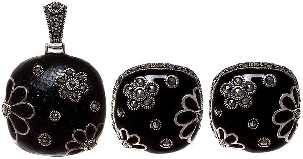 exotic india Black Marcasite Pendant and Earrings Set