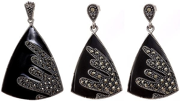 exotic india Black Marcasite Pendant with Earrings Set 