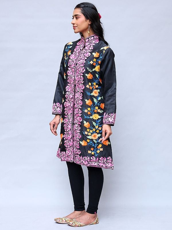 Exotic India Black-Olive Kashmiri Long Jacket With Aari Embroidered Floral Vines With Side Pockets 