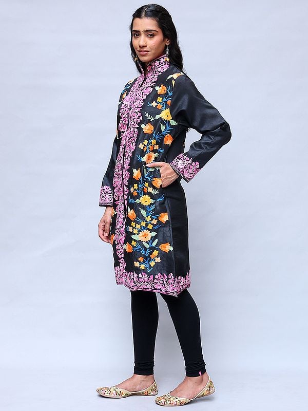 Exotic India Black-Olive Kashmiri Long Jacket With Aari Embroidered Floral Vines With Side Pockets 