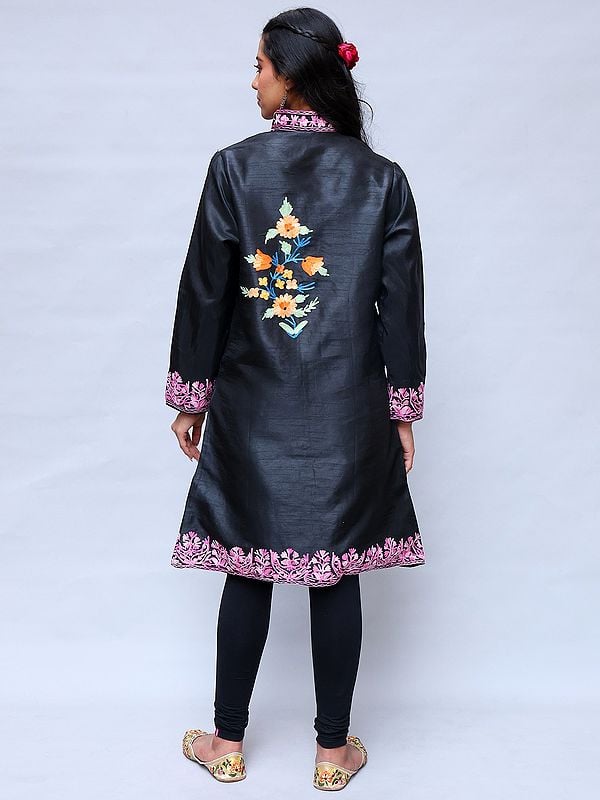 Exotic India Black-Olive Kashmiri Long Jacket With Aari Embroidered Floral Vines With Side Pockets 