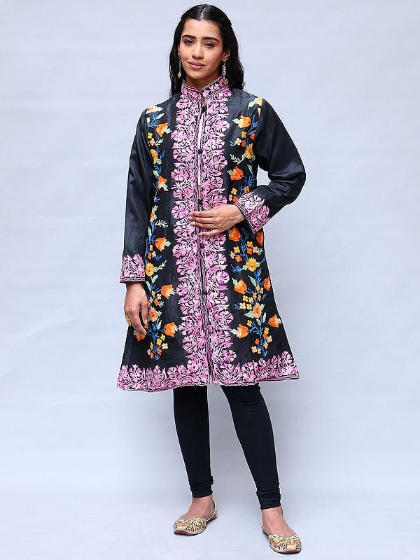 exotic india Black-Olive Kashmiri Long Jacket with Aari Embroidered Floral Vines with Side Pockets 