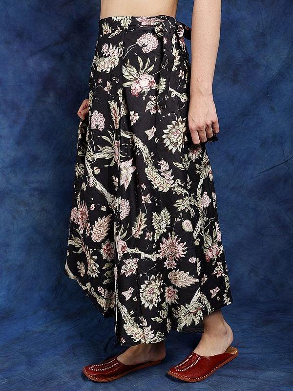 Exotic India Black-Olive Pure Cotton Wrap Around Printed Long Skirt