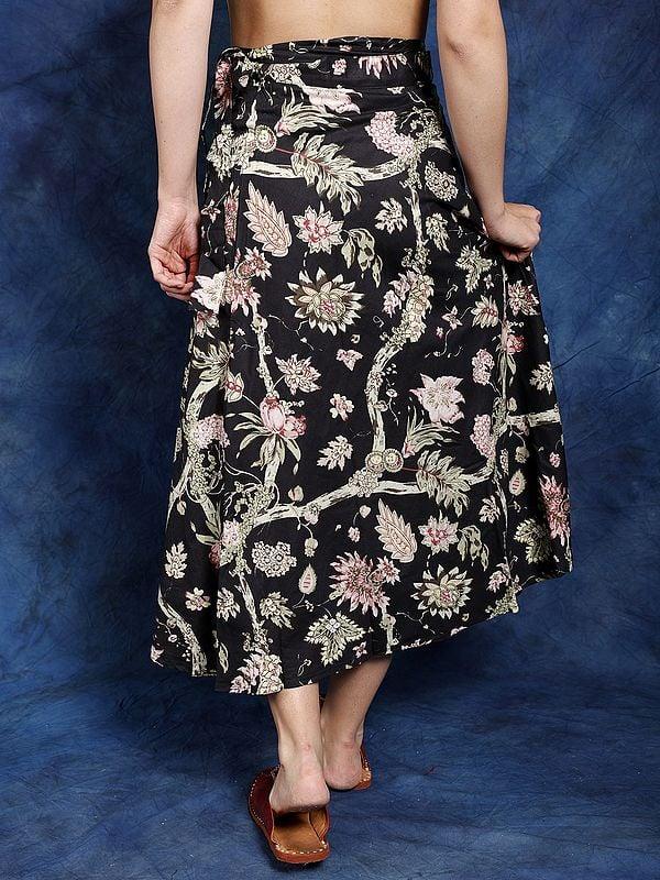 Exotic India Black-Olive Pure Cotton Wrap Around Printed Long Skirt