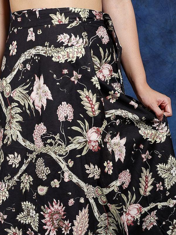 Exotic India Black-Olive Pure Cotton Wrap Around Printed Long Skirt