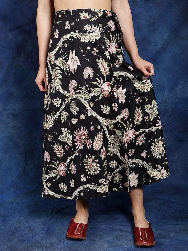 exotic india Black-Olive Pure Cotton Wrap Around Printed Long Skirt 