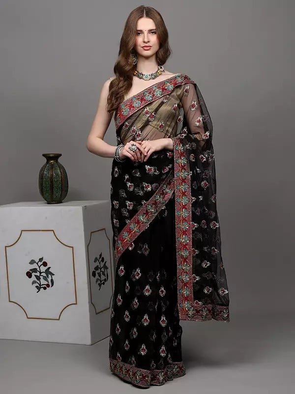 Exotic India Black-Olive Shimmer Saree With Silver Thread-Sequins Embroidered Bootis All-Over And Patch Border 