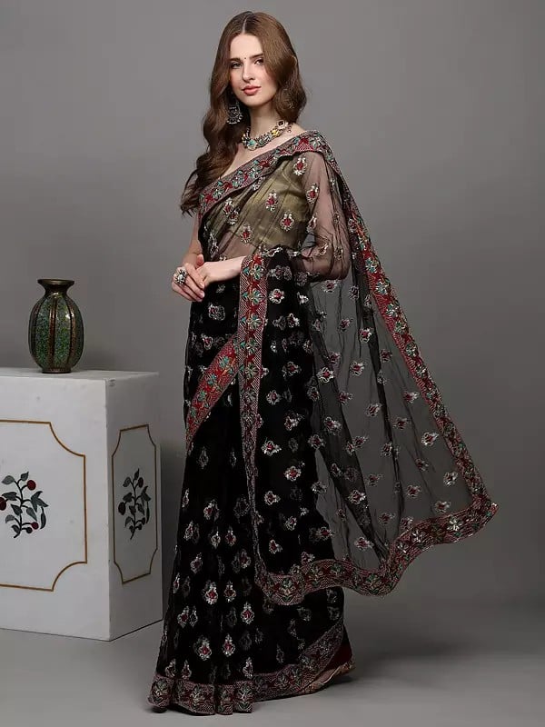 Exotic India Black-Olive Shimmer Saree With Silver Thread-Sequins Embroidered Bootis All-Over And Patch Border 