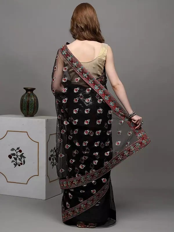 Exotic India Black-Olive Shimmer Saree With Silver Thread-Sequins Embroidered Bootis All-Over And Patch Border 