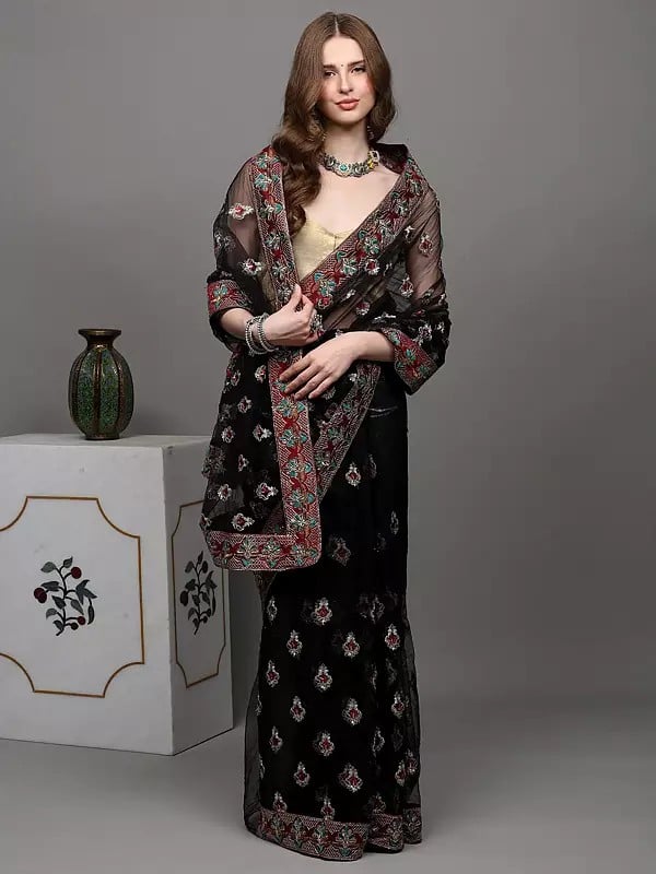 exotic india Black-Olive Shimmer Saree with Silver Thread-Sequins Embroidered Bootis All-Over and Patch Border 