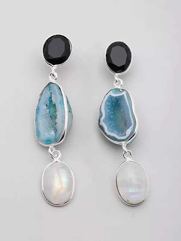 Exotic India Black Onyx And Blue Solar Druzy Earrings With Rainbow Moonstone Drop 