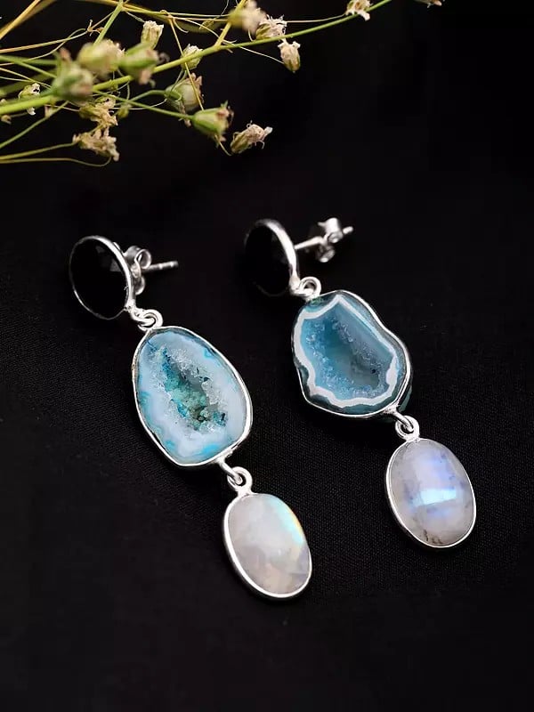 Exotic India Black Onyx And Blue Solar Druzy Earrings With Rainbow Moonstone Drop 