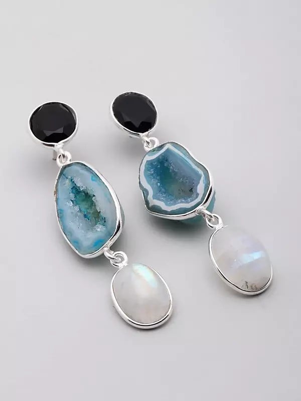 exotic india Black Onyx and Blue Solar Druzy Earrings with Rainbow Moonstone Drop 