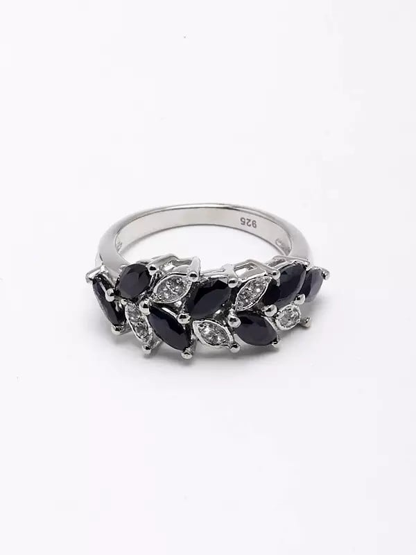 Exotic India Black Onyx And Cubic Zirconia Leaf Design Ring 