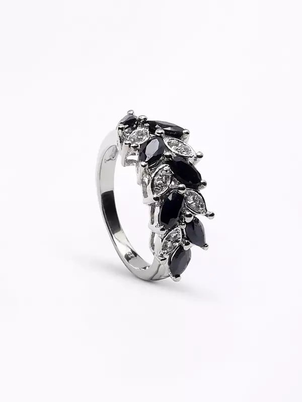 Exotic India Black Onyx And Cubic Zirconia Leaf Design Ring 