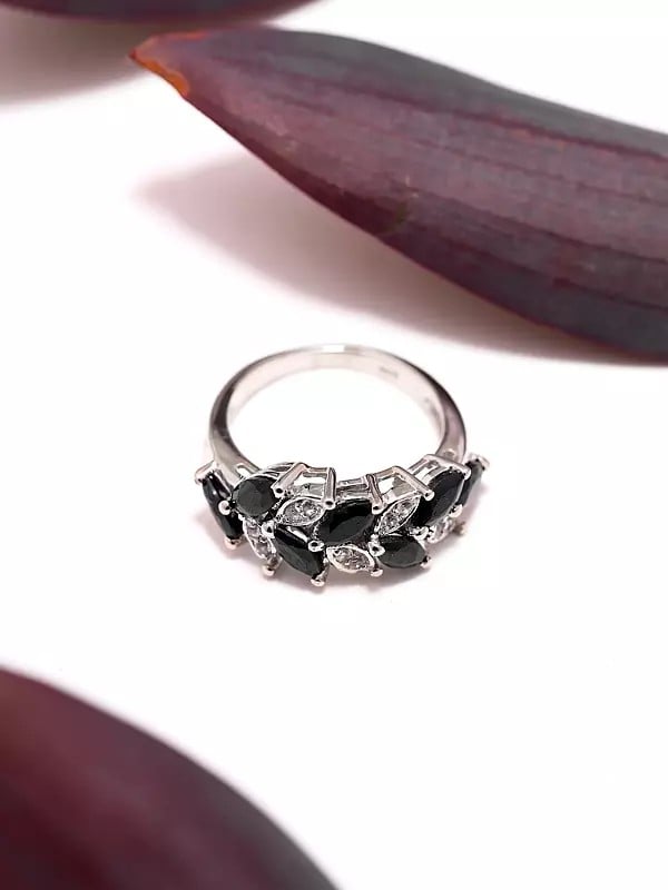 Exotic India Black Onyx And Cubic Zirconia Leaf Design Ring 