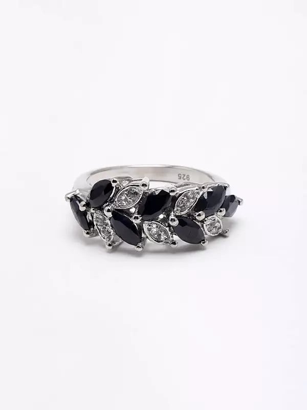 exotic india Black Onyx and Cubic Zirconia Leaf Design Ring 