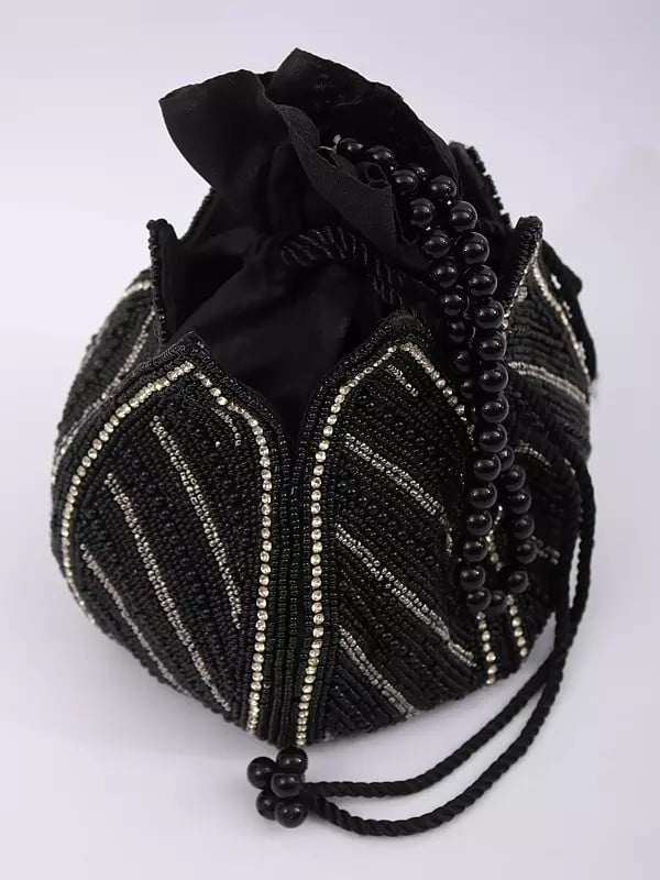 Exotic India Black-Onyx Drawstring Lotus Design Bridal Potli Bag With Beaded Embroidery 