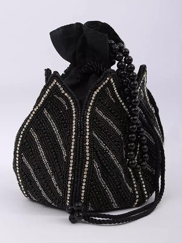 exotic india Black-Onyx Drawstring Lotus Design Bridal Potli Bag with Beaded Embroidery 