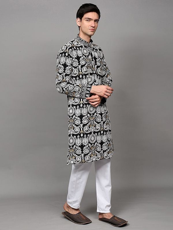 Exotic India Black-Onyx Georgette Intricate Heavy Embroidered Wedding Kurta Pajama With Sequins Work 