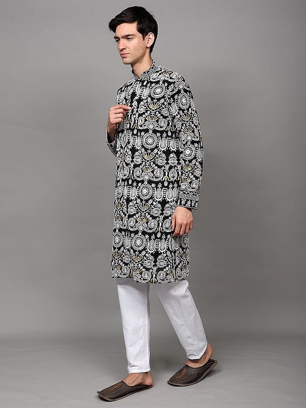Exotic India Black-Onyx Georgette Intricate Heavy Embroidered Wedding Kurta Pajama With Sequins Work 