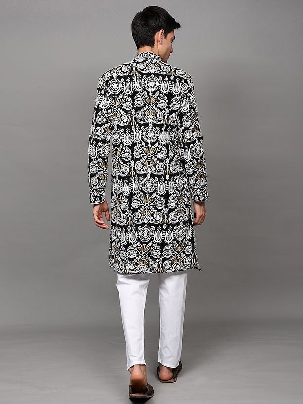Exotic India Black-Onyx Georgette Intricate Heavy Embroidered Wedding Kurta Pajama With Sequins Work 