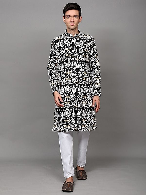 exotic india Black-Onyx Georgette Intricate Heavy Embroidered Wedding Kurta Pajama with Sequins work 