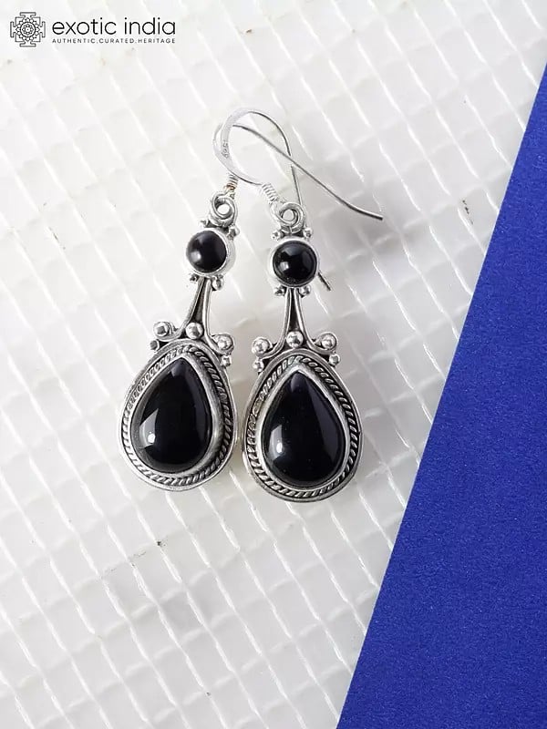 exotic india Black Onyx Hook Earrings | Sterling Silver Jewelry