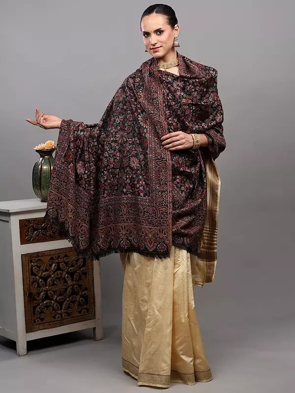Exotic India Black-Onyx Kani Jamawar Shawl From Amritsar With Woven Floral Jaal And Paisleys 
